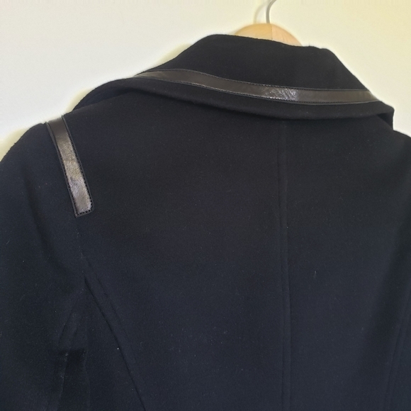 Tara Jarmon 36 Wool/Cashmere* Trench Coat Black Contrasting Faux Leather Trim - Picture 15 of 16